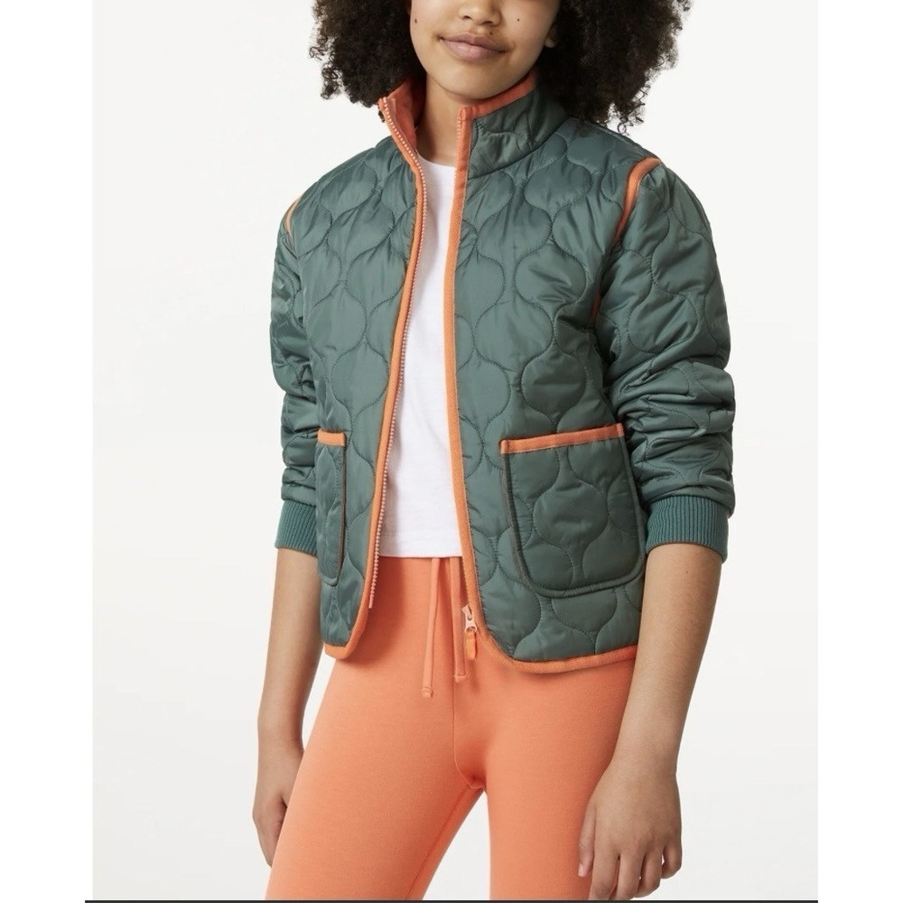 🛍️Free Assembly Girl Women Quilted Jacket‎ Puffer Green Orange Trim Outdoor